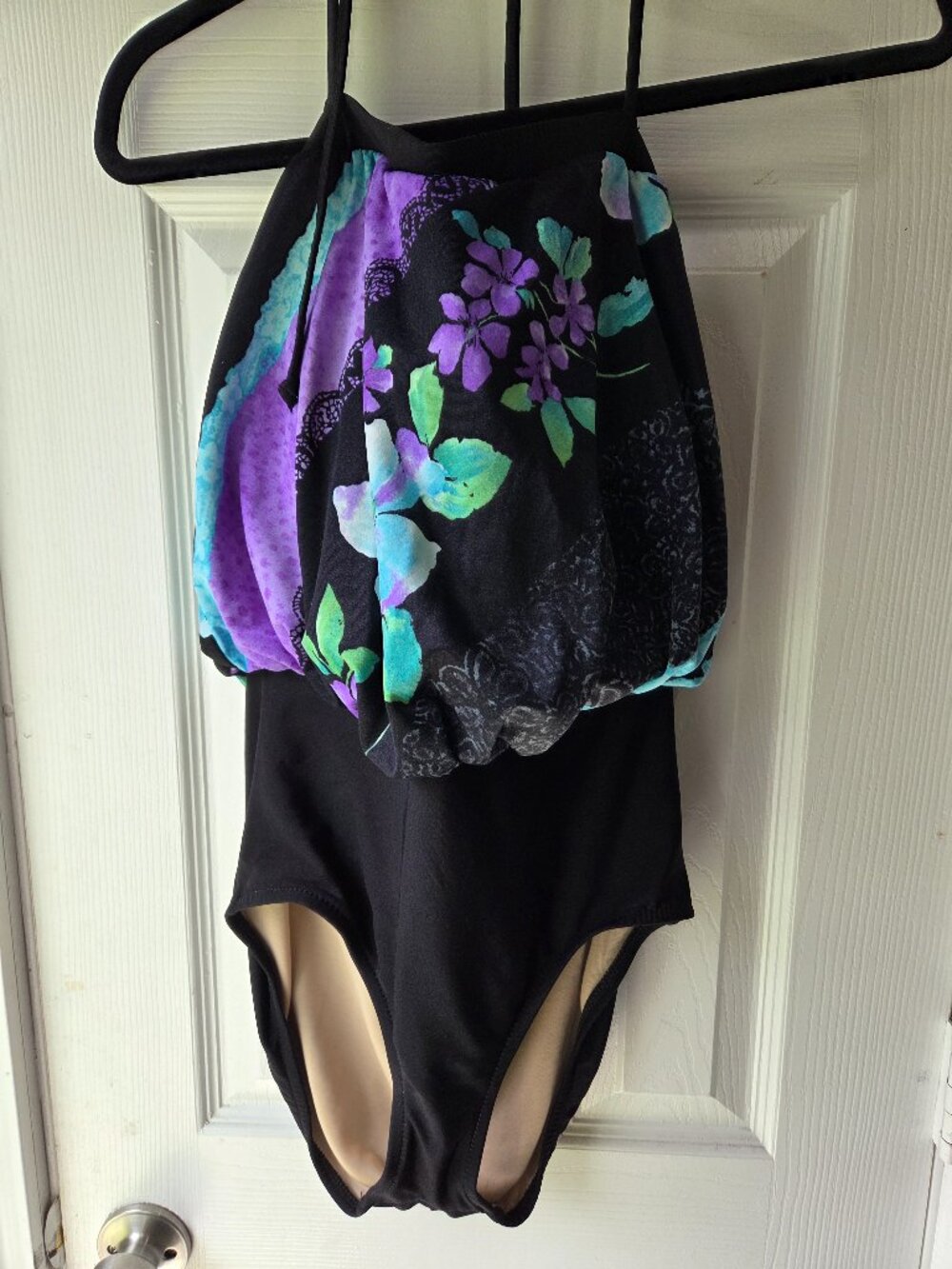 Carol Wior Swimsuit Size 12 One-Piece Black Purple Floral Underwire Beach